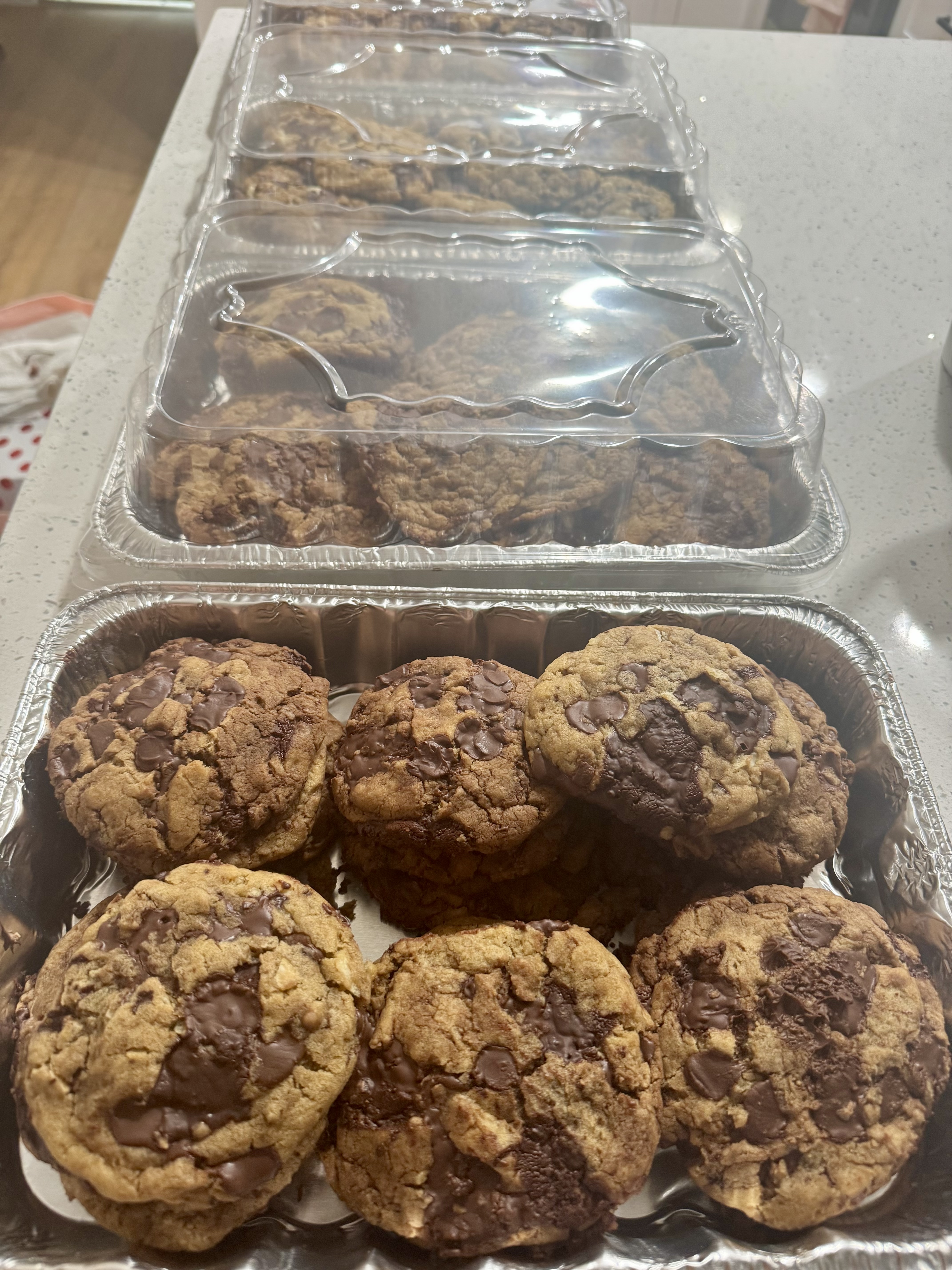 Bryce's brown-butter chocolate chip cookies in a tray, ready to share
